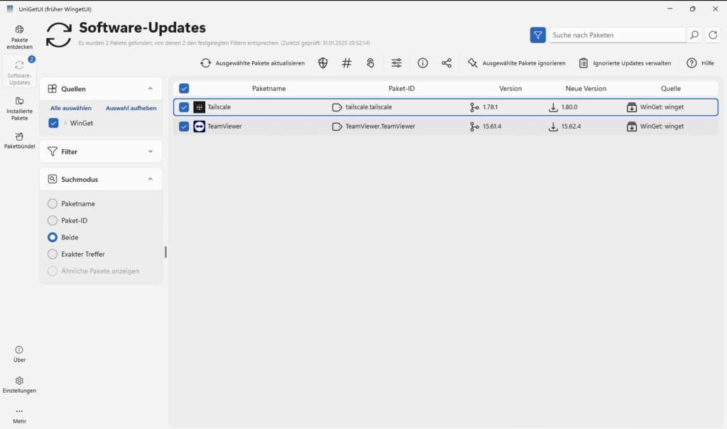 UniGetUI-Fenster „Software-Updates“ mit zwei verfügbaren Aktualisierungen für Tailscale und TeamViewer