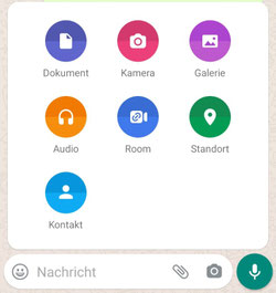WhatsApp auf Android: Anhang-Menü mit den Optionen Dokument, Kamera, Galerie, Audio, Room, Standort und Kontakt