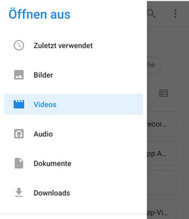 Android-Dateimanager mit dem Menü „Öffnen aus“: Zuletzt verwendet, Bilder, Videos, Audio, Dokumente, Downloads