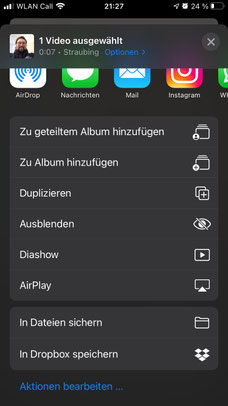 iOS-Teilen-Menü für ein ausgewähltes Video mit dem Eintrag „In Dateien sichern“