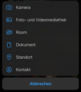 WhatsApp auf iOS: Anhang-Menü mit Kamera, Foto- und Videomediathek, Room, Dokument, Standort und Kontakt